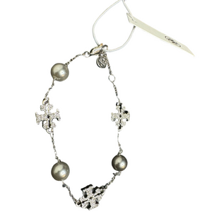 Tory Burch NWT Crystal Pave & Pearl Silver-Toned Chain Bracelet